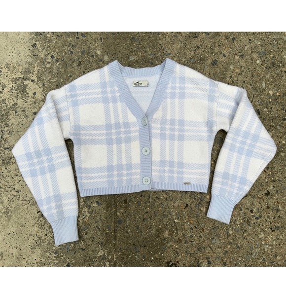 Hollister Sweaters - Hollister Blue White Plaid Cropped Cardigan Sweater Buttons V-Neck Womens Small